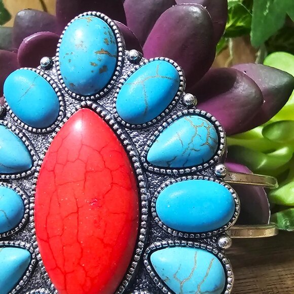 Silver Cuff Southwestern Style Bracelet. Turquoise and Red Faux Stones. NWT. - Picture 4 of 9